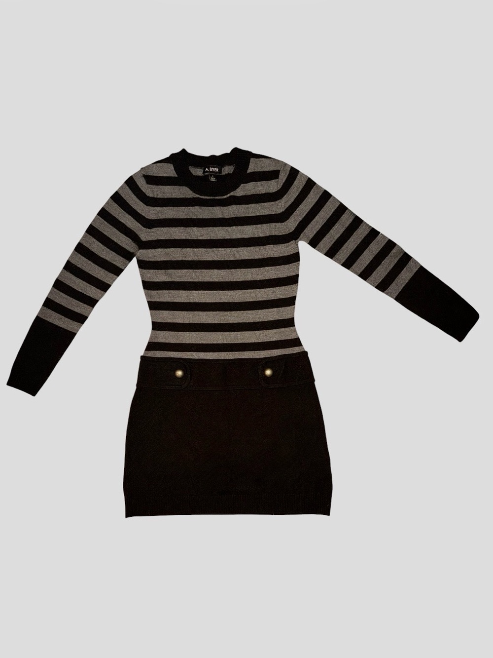 A. Byer Black and Gray Striped Long Sleeve Sweater Mini Dress w Metallic Button